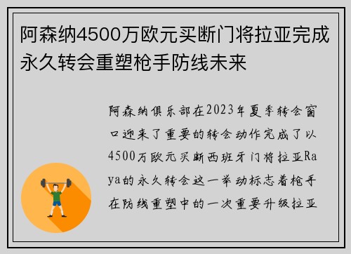 阿森纳4500万欧元买断门将拉亚完成永久转会重塑枪手防线未来